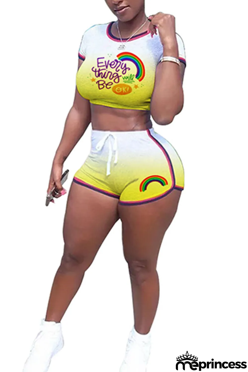 rose red Polyester Fashion Casual Print Two Piece Suits Straight Short Sleeve Two Pieces