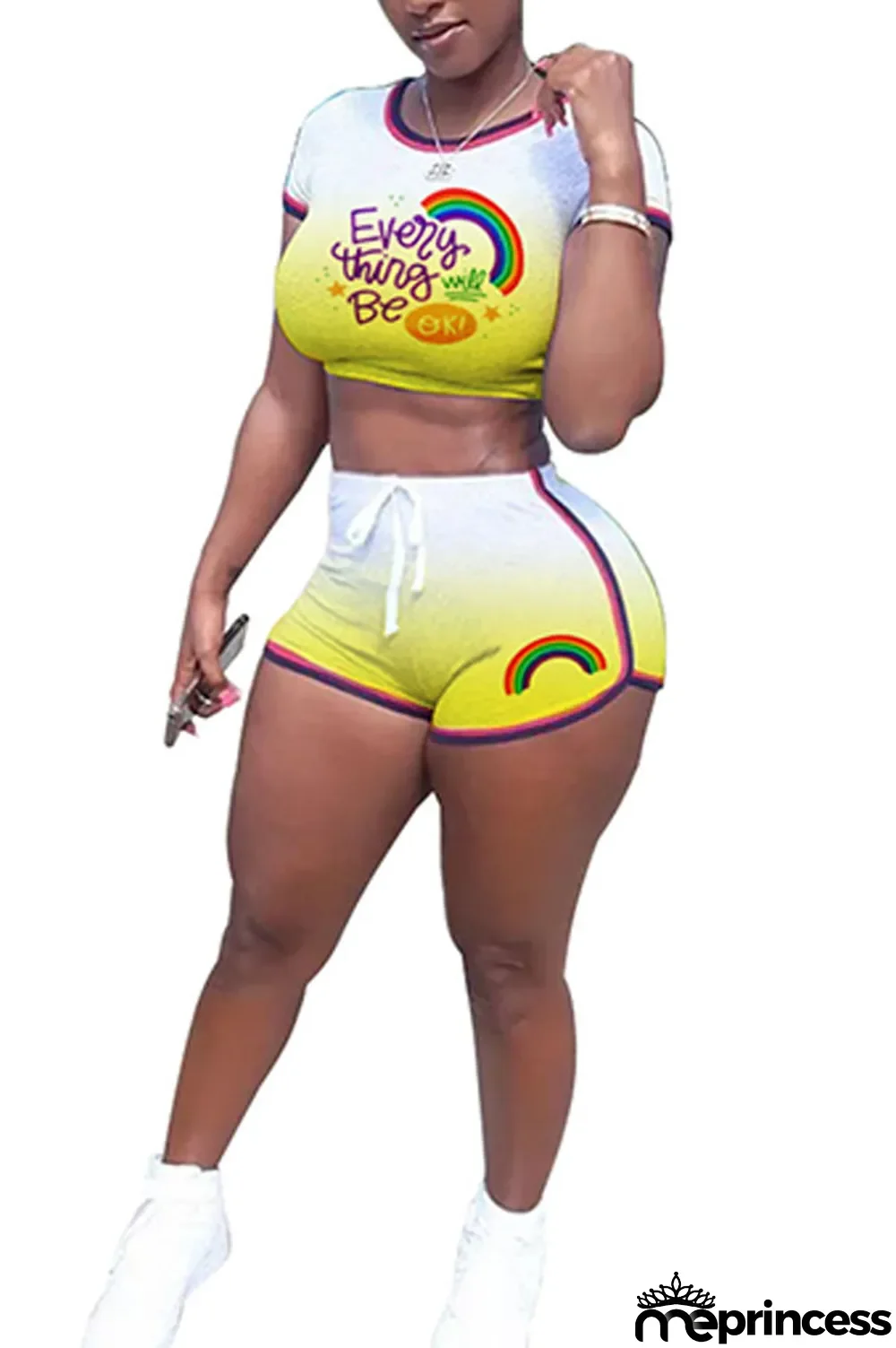 rose red Polyester Fashion Casual Print Two Piece Suits Straight Short Sleeve Two Pieces