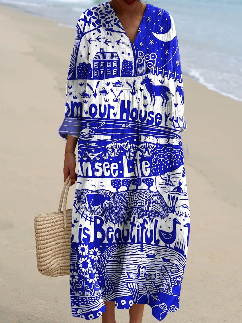 Women's Vintage Animals Life Is Beautiful Art Print Flowy Dress