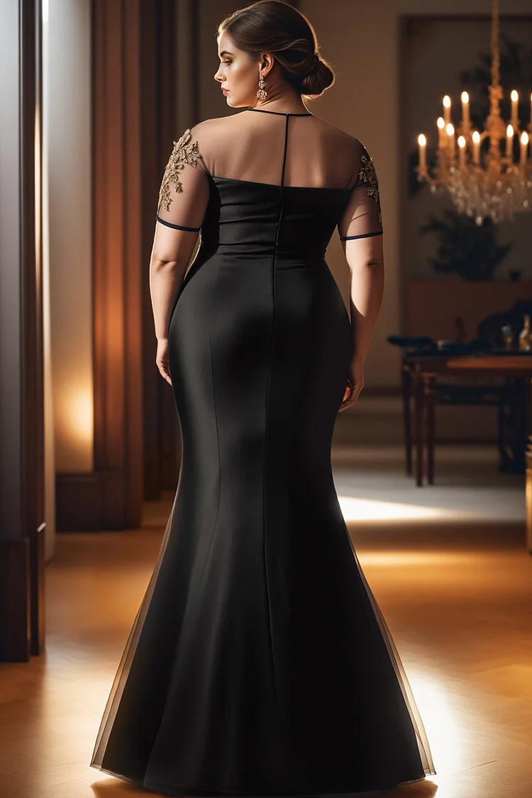 Xpluswear Design Plus Size Mother Of The Bride Black Round Neck Short Sleeve See Through Maxi Dresses [Pre-Order]