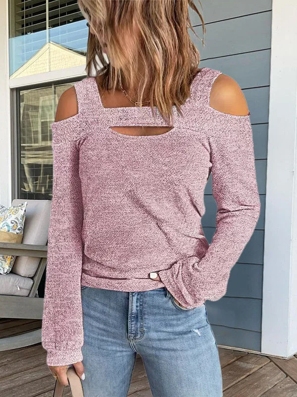 Women's Long Sleeve Square Collar Cold Shoulder Hollow Tops