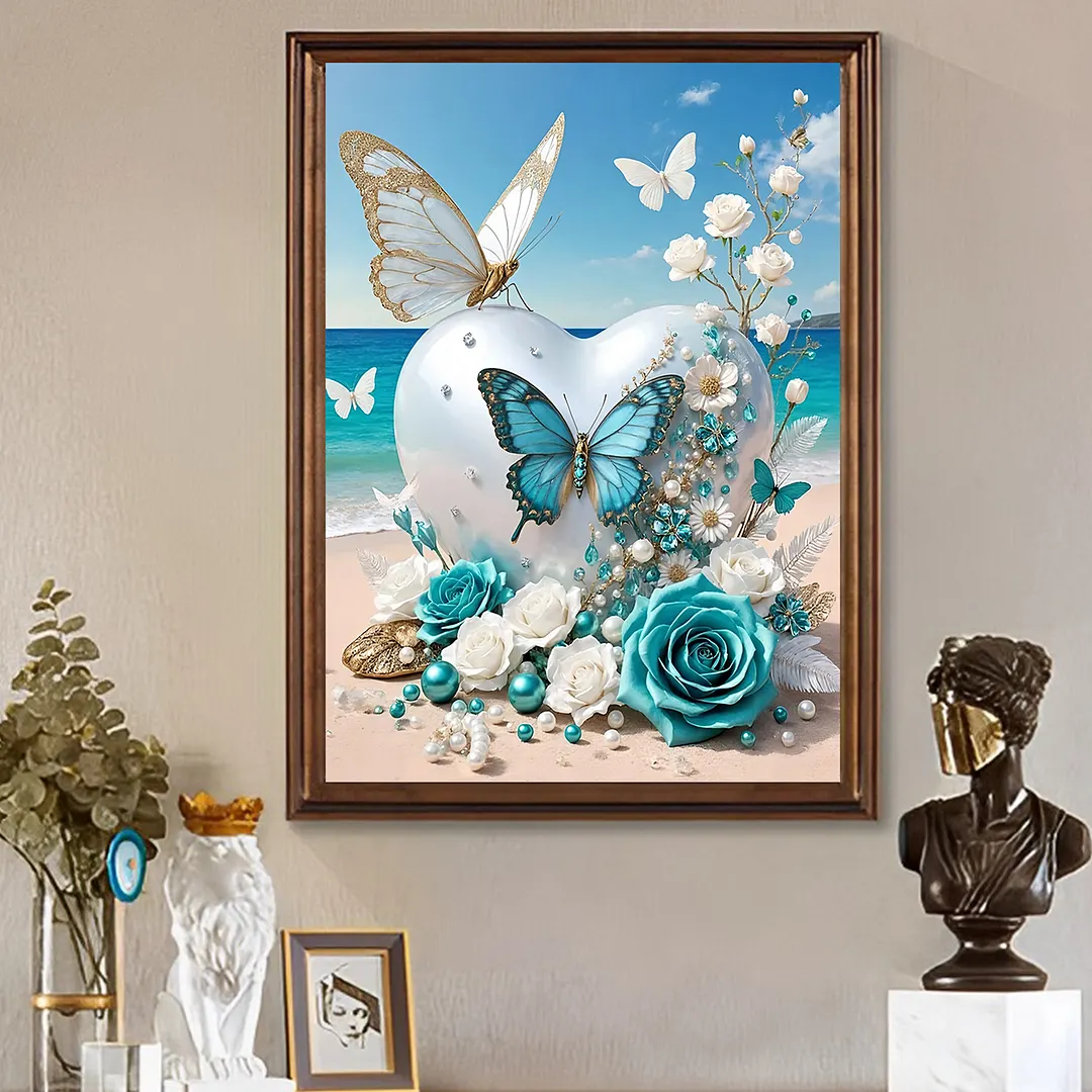 Beach Butterfly Full DIY 5D Round Drill Gem Art Diamond Painting Kits 11.81x15.75 in Diamond Dots Paintings Picture Arts Craft Diamond Art Kits for Adults/Beginners Gift Idea Home Decor