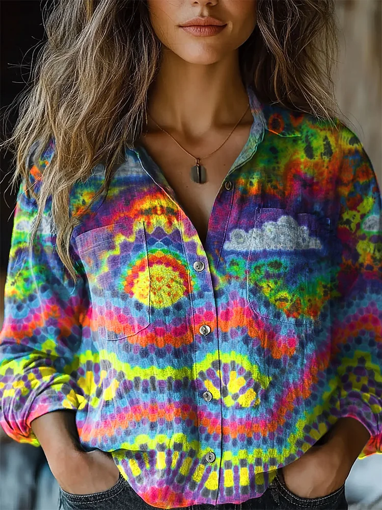 Women's Trippy Tie Dye Kaleidoscope Print Casual Long Sleeve Comfortable Cotton Shirt