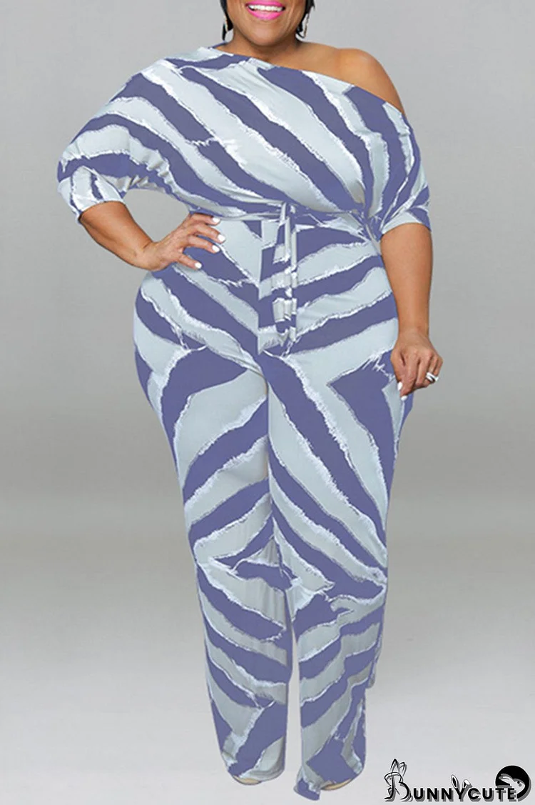 Light Gray Fashion Casual Striped Print Basic Oblique Collar Plus Size Jumpsuits