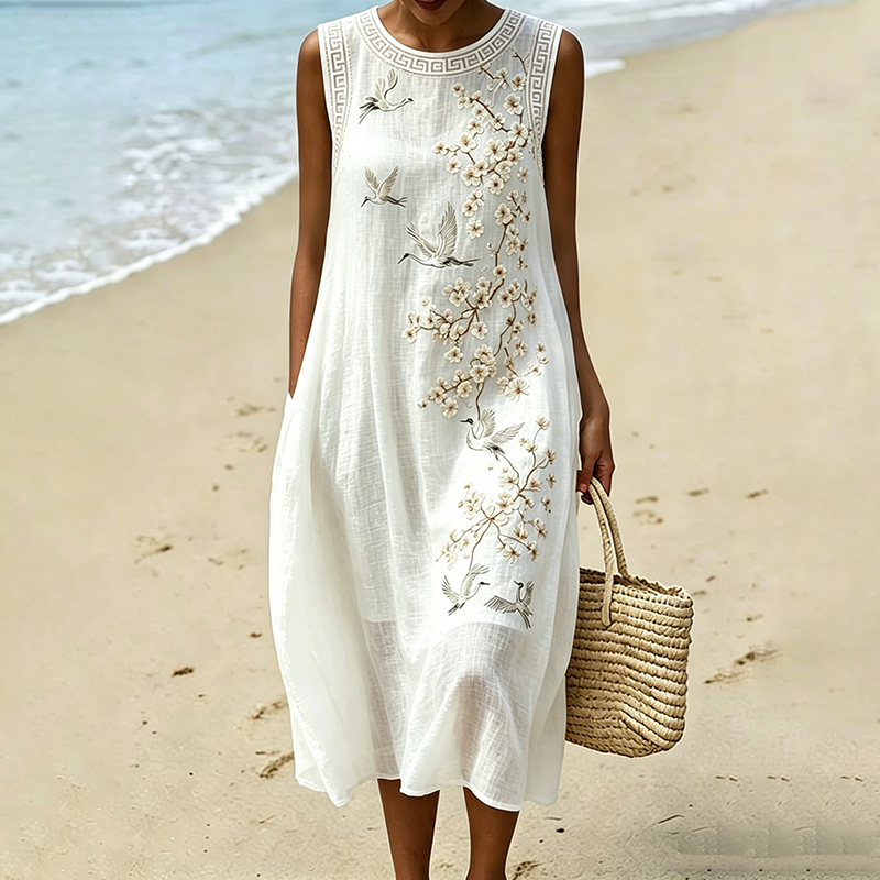 Japanese Style Cherry Blossom And Cranes Art Cotton Linen Sleeveless Dress wearshes