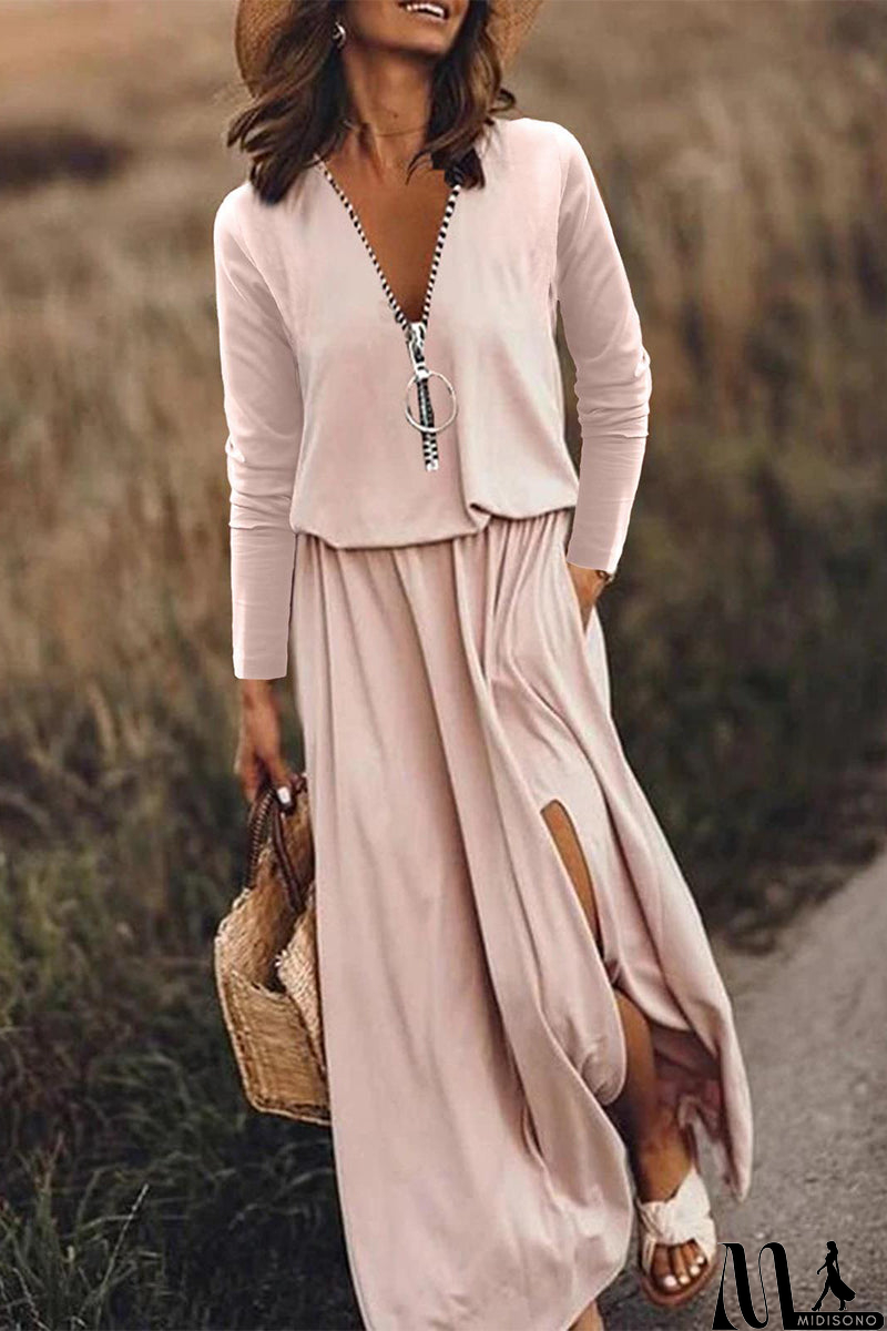 MidiSono - Casual Patchwork Zipper V Neck Irregular Dress Dresses