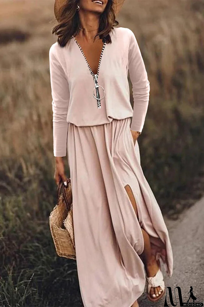 MidiSono - Casual Patchwork Zipper V Neck Irregular Dress Dresses