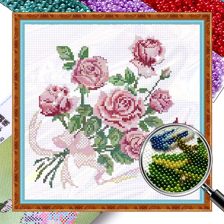 【Bead embroidery】 Pink Rose Bouquet (31*31cm) 9CT Stamped Cross Stitch gbfke