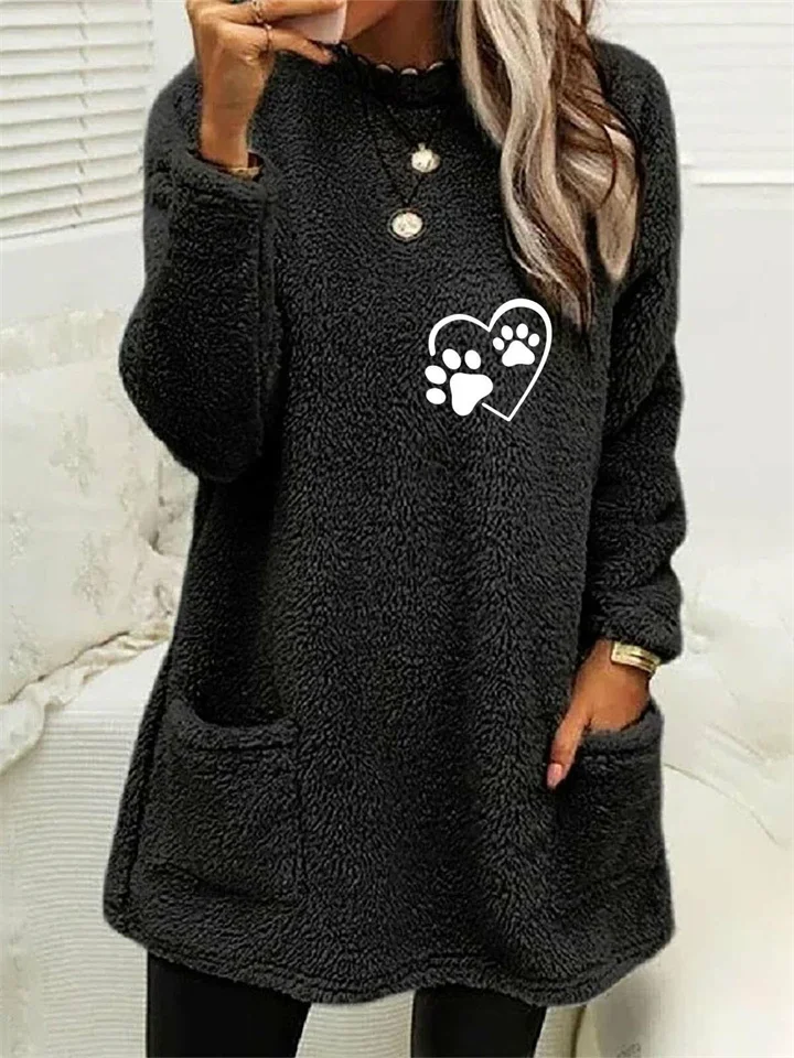 Autumn and Winter Women's New Loose Long-sleeved Love Foot Print Print Double-sided Velvet Pocket Round Neck