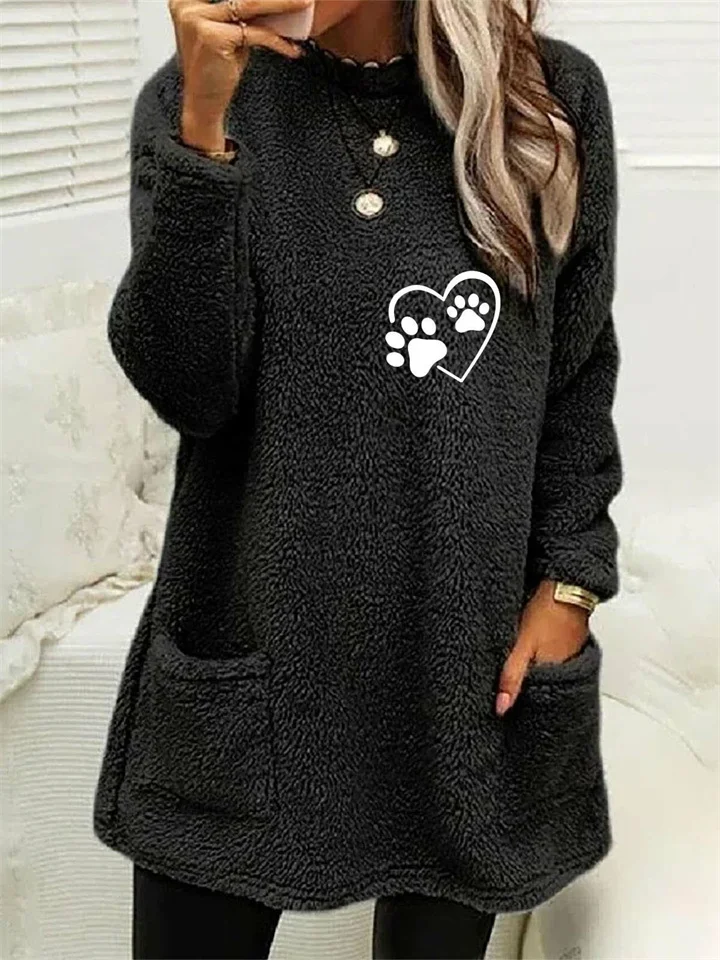 Autumn and Winter Women's New Loose Long-sleeved Love Foot Print Print Double-sided Velvet Pocket Round Neck-Cosfine