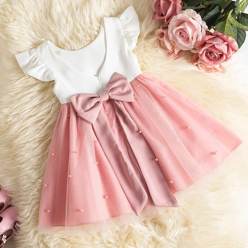 Uveng Baby Girls Dress for Summer Flower Lace Vestidos Wedding Party Kids Dresses for Girls Pearls Tulle Princess Children's Dresses