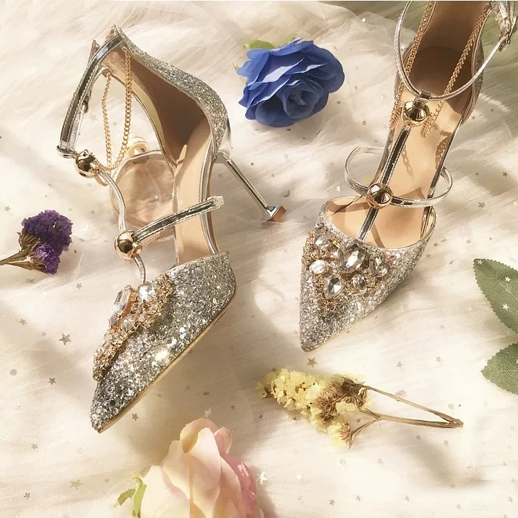 Gold Glitter Shoes Stiletto Heel Pumps with Rhinestone |FSJ Shoes