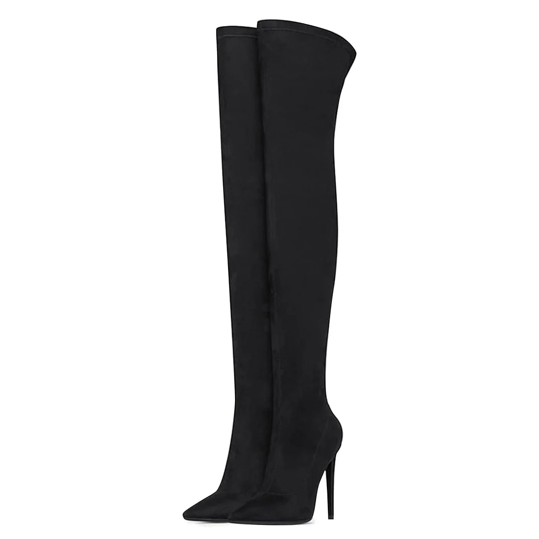 Black Vegan Suede Pointed Toe Stiletto Heel Pull-On Thigh High Boots