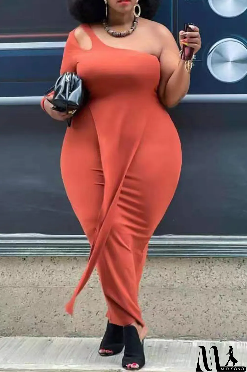 MidiSono - Tangerine Red Casual Solid Split Joint Off the Shoulder Pencil Skirt Plus Size Two Pieces