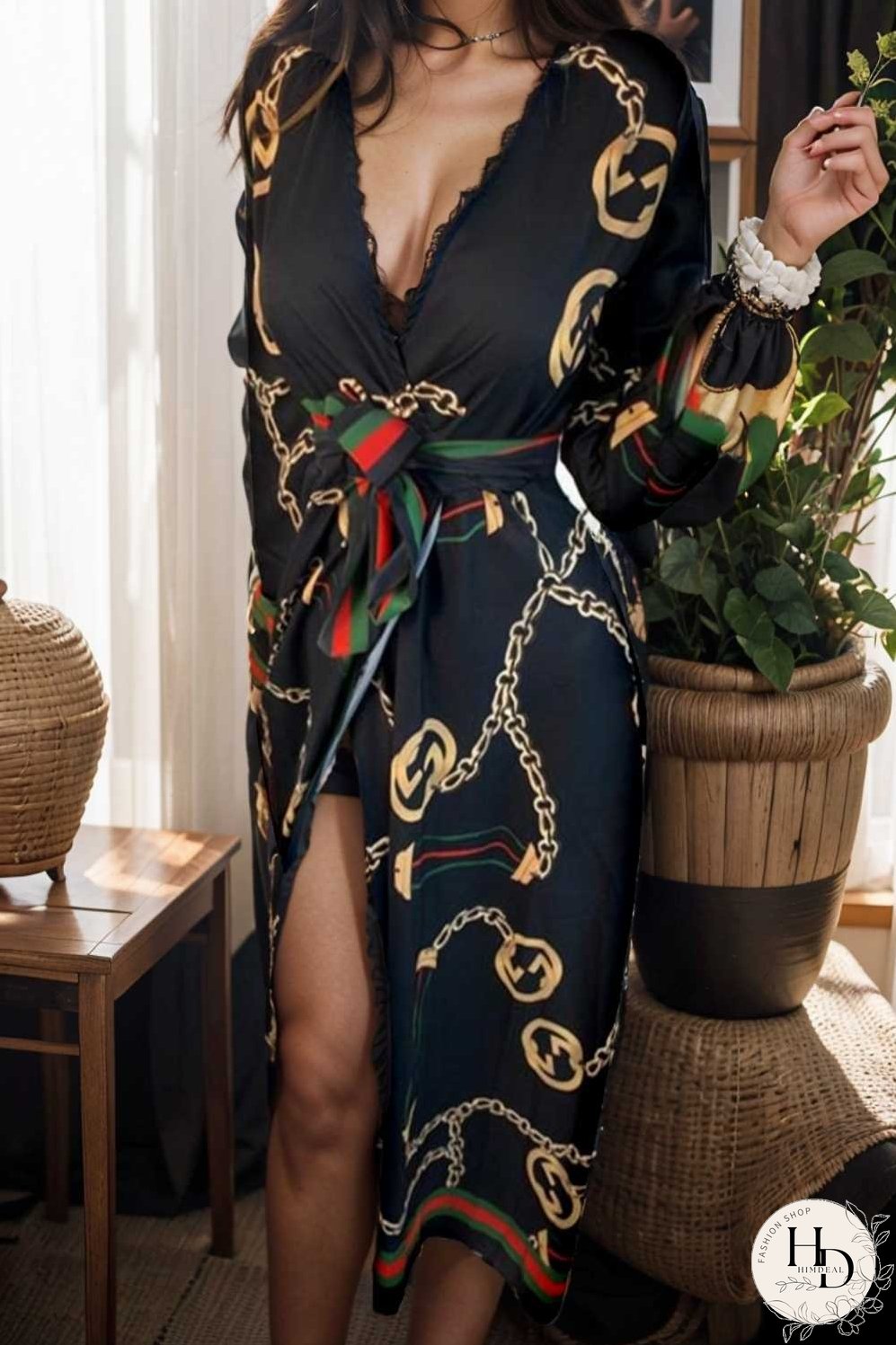 women s dresses deep v neck printed lace long sleeve dress
