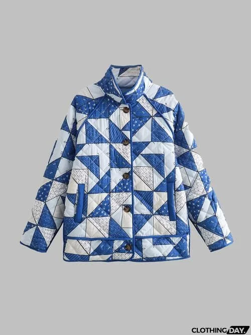 Geometric Button Up Puffer Jacket with Pockets