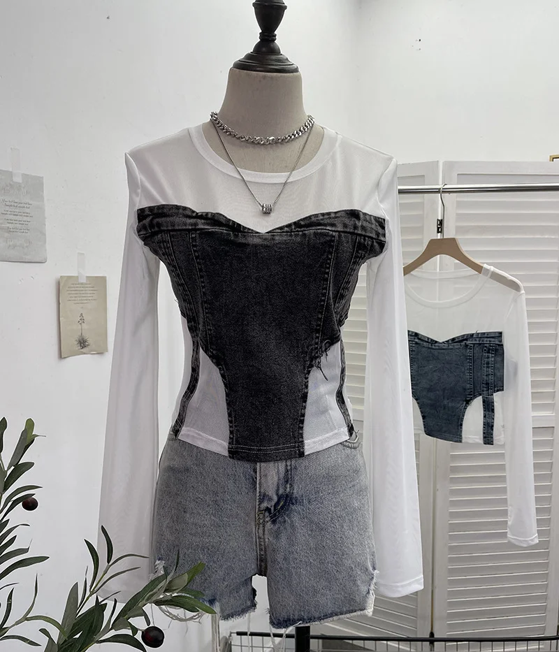 Uveng Spice Girls Design Sense Net纱 Stitched With Denim Blouse Long-Sleeved Bottom Shirts To Dress Short Niche T-Shirt 2633