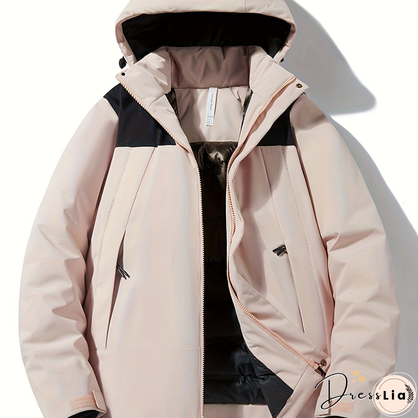 Womens Stylish Contrast Hooded Jacket - Insulated Thermal, Windproof, Waterproof - Secure Zip Pockets for Fall & Winter