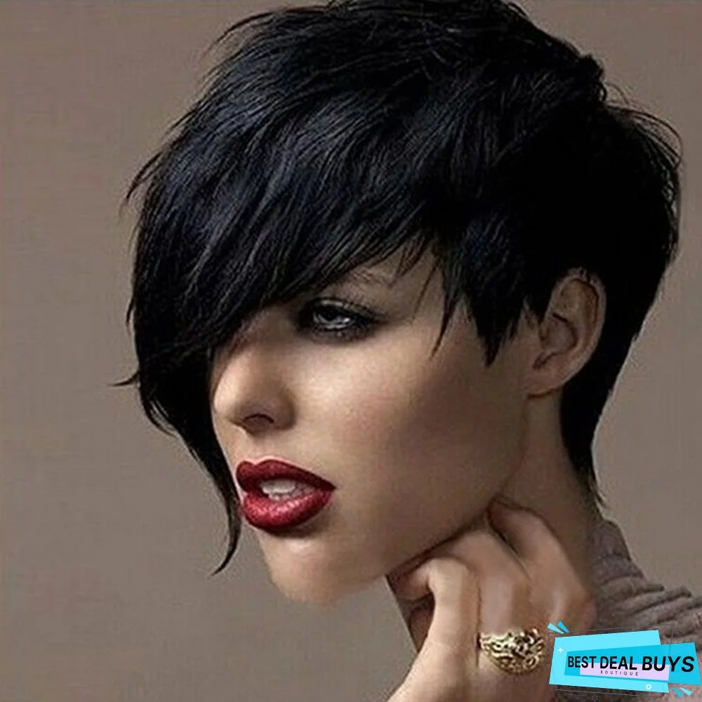High Temperature Silk Black Oblique Bangs Short Straight Hair Wig Female