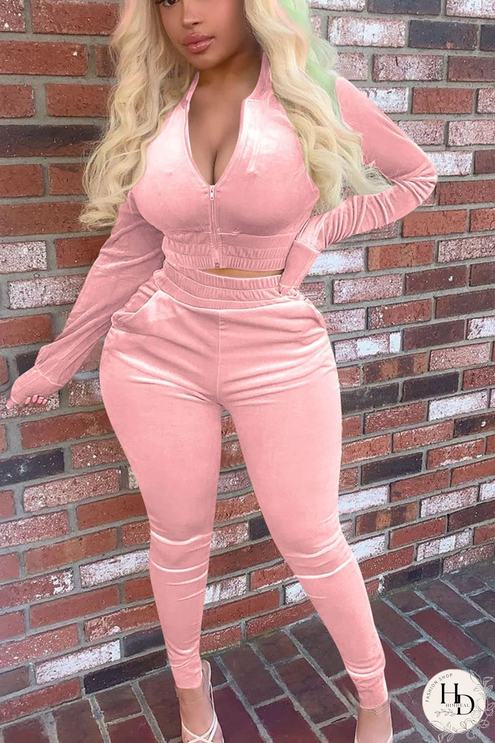 Black Green Street Pleuche Solid V Neck Long Sleeve Regular Sleeve Regular Two Pieces