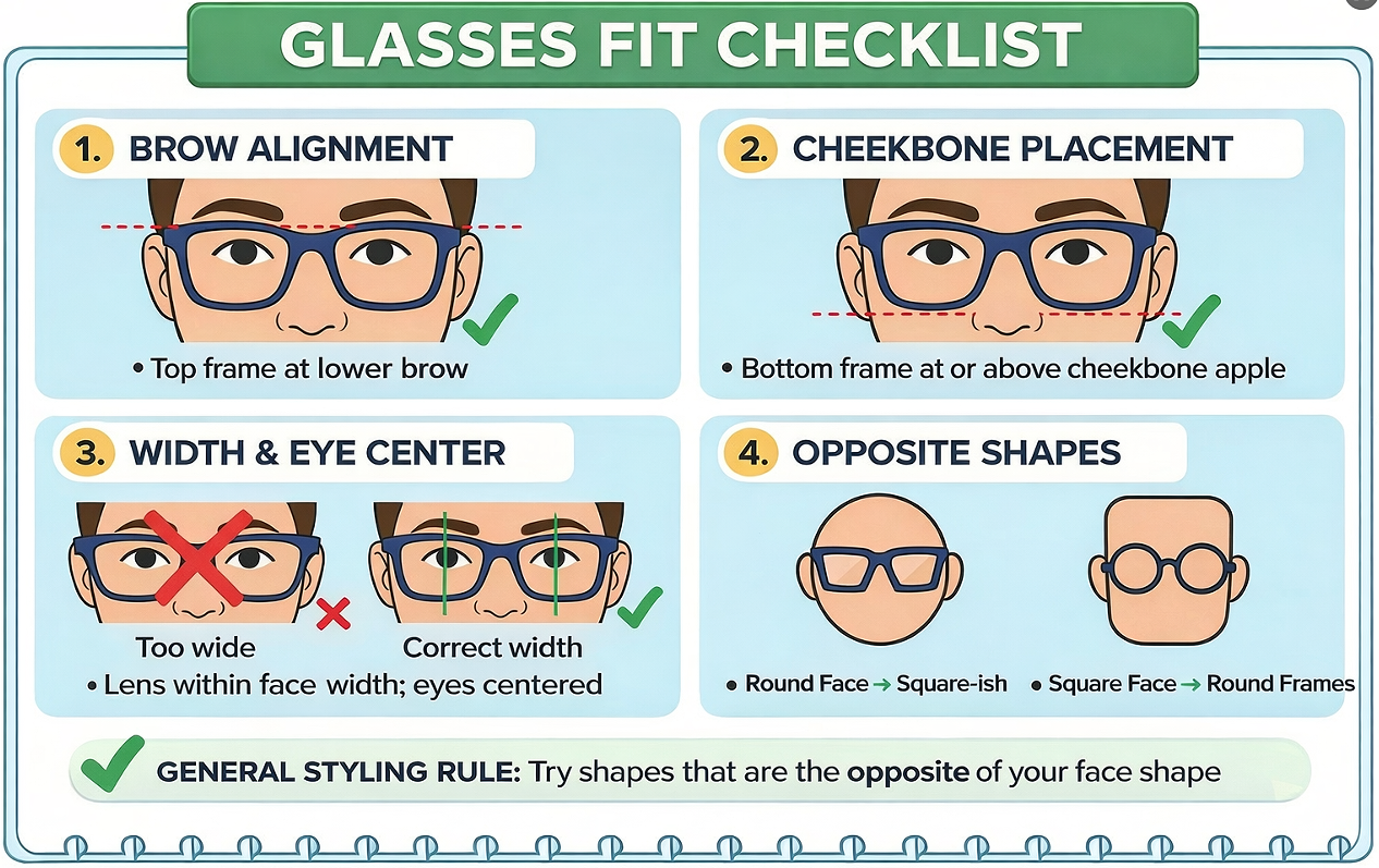 Eyewear fit and style guidelines: brow alignment, cheekbone placement, correct frame width and opposite face shape rule
