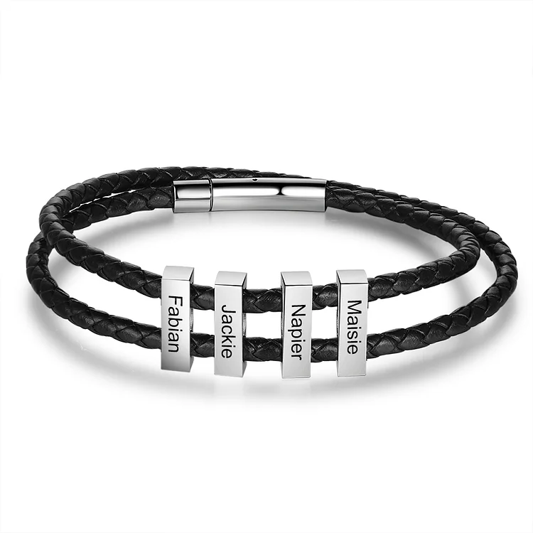 Men Leather Bracelet Engraved 4 Names Two Layer Bracelet