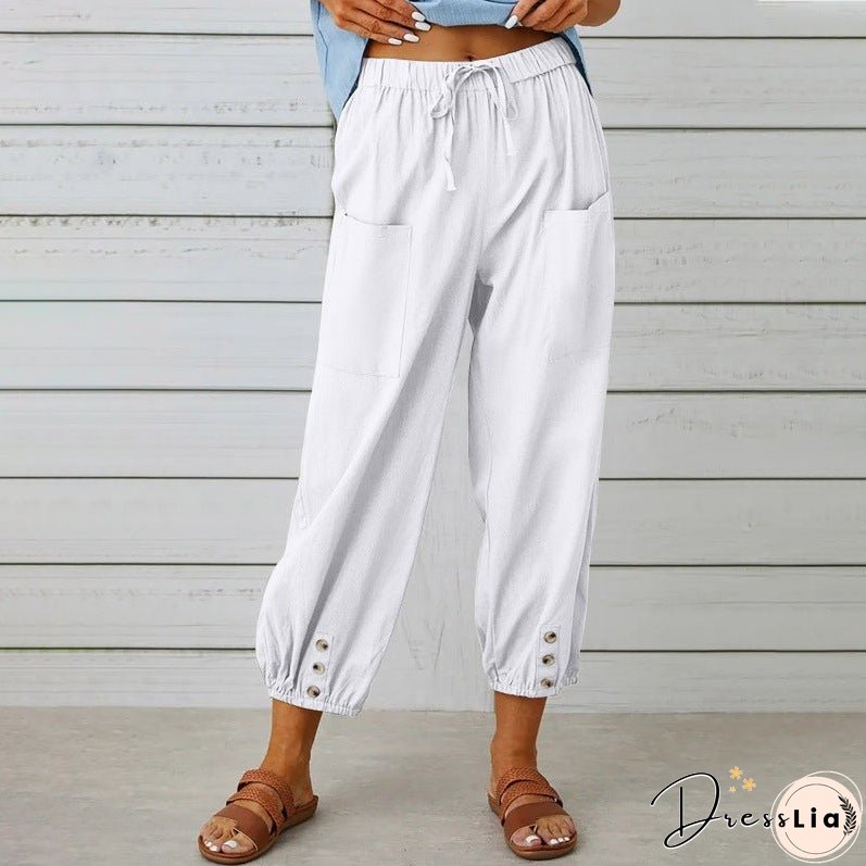 Women's High Waist Button Cotton Linen Trousers Pants