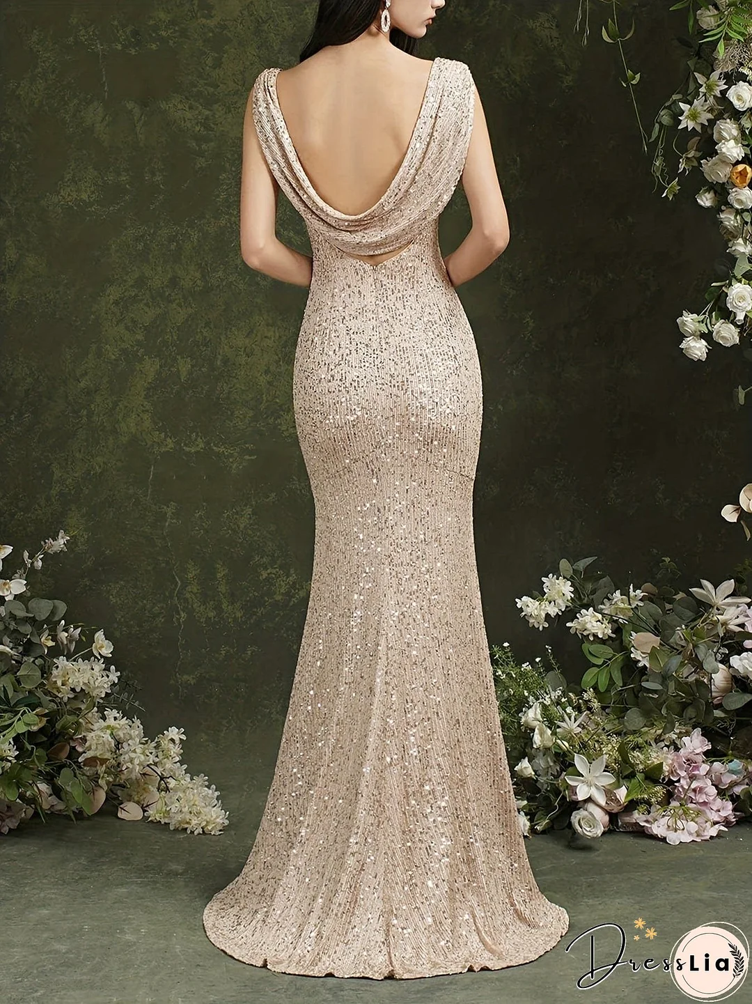 Sequin Cowl Neck Backless Backless Split Party Maxi Dress