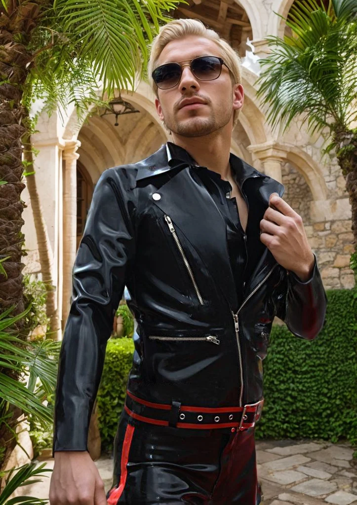 Man Latex coats Men's Zippered Latex Biker Jacket（KG29897)