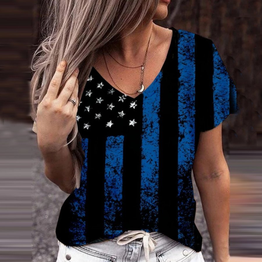 Ladies Independence Day Flag Print Casual T-Shirt