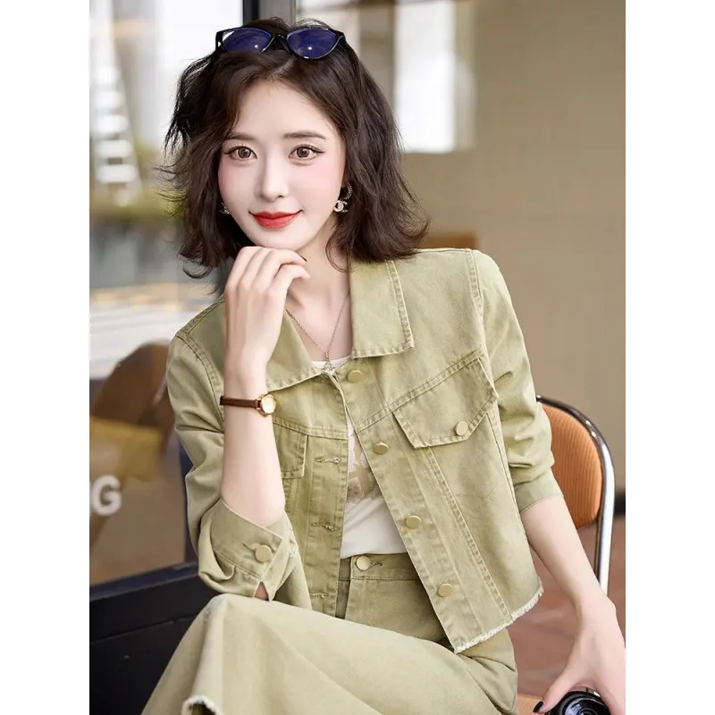 Uveng Uveng Denim Suit Autumn Coat New 2024 Korean Version Of Fashion Foreign Style Age Reduction Skirt Three-Piece Set