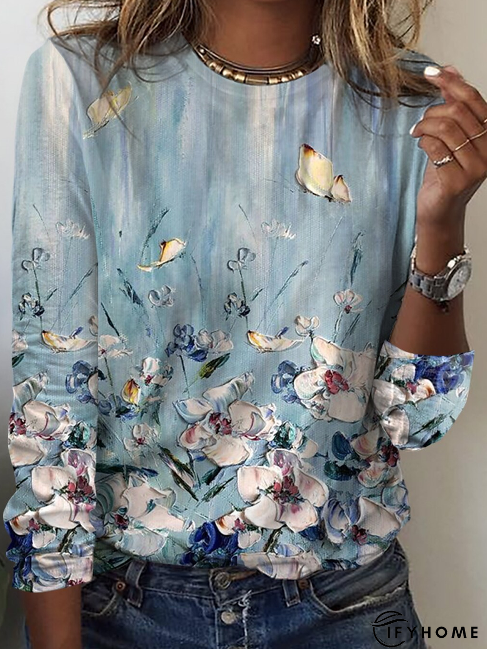 Floral Crew Neck Casual Jersey T-Shirt | IFYHOME