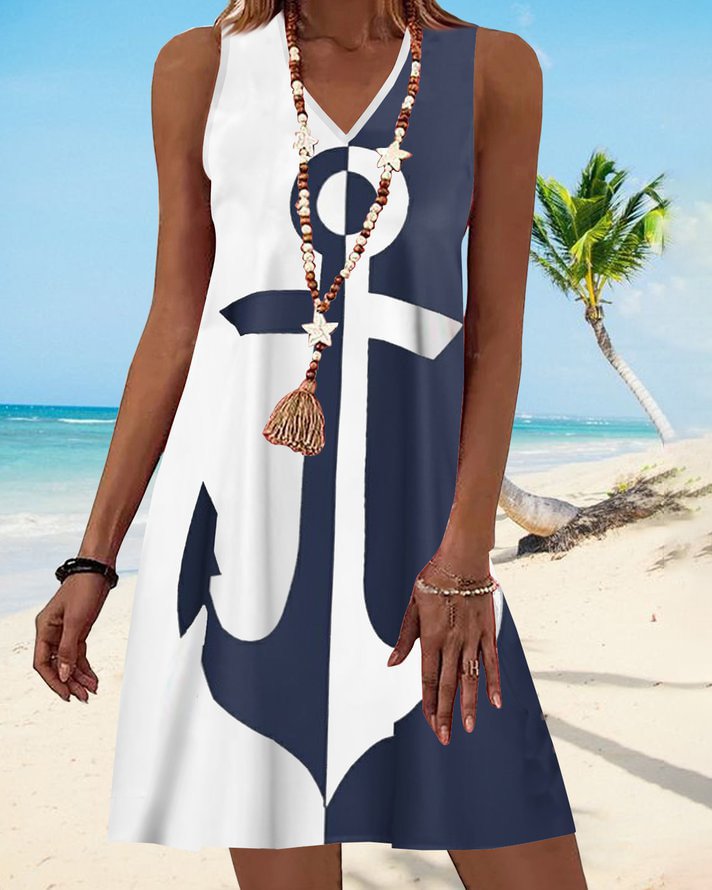 Holiday Ocean Anchor Navy contrast a-hem short Dress