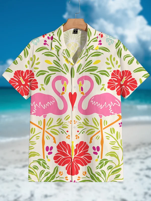 Men's Flamingo Tropical Plant Symmetry Art Vacation Shirt