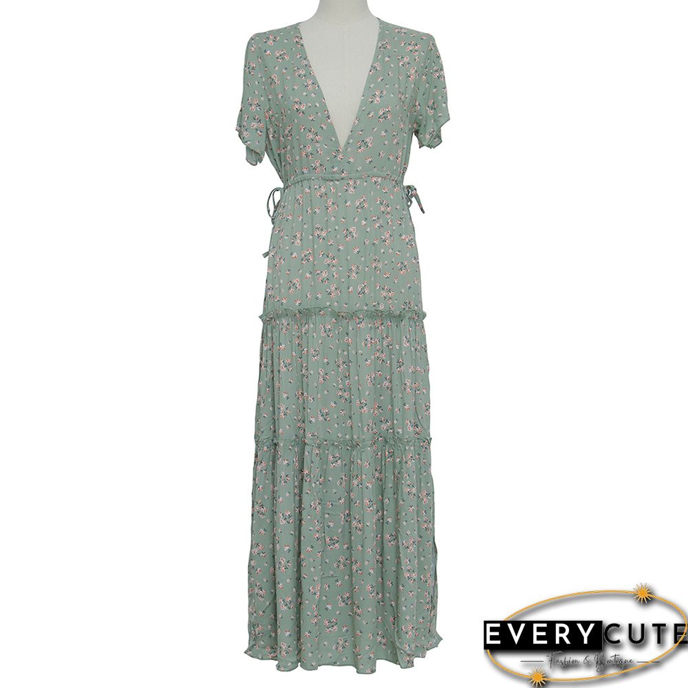 Green Tiered Ruffle Detail V Neck Floral Dress