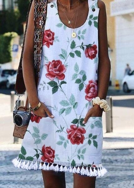 Crew Neck Casual Floral-Print Sleeveless Dresses