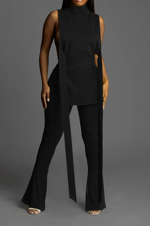 Solid Color Unusual Strappy Pant Suit