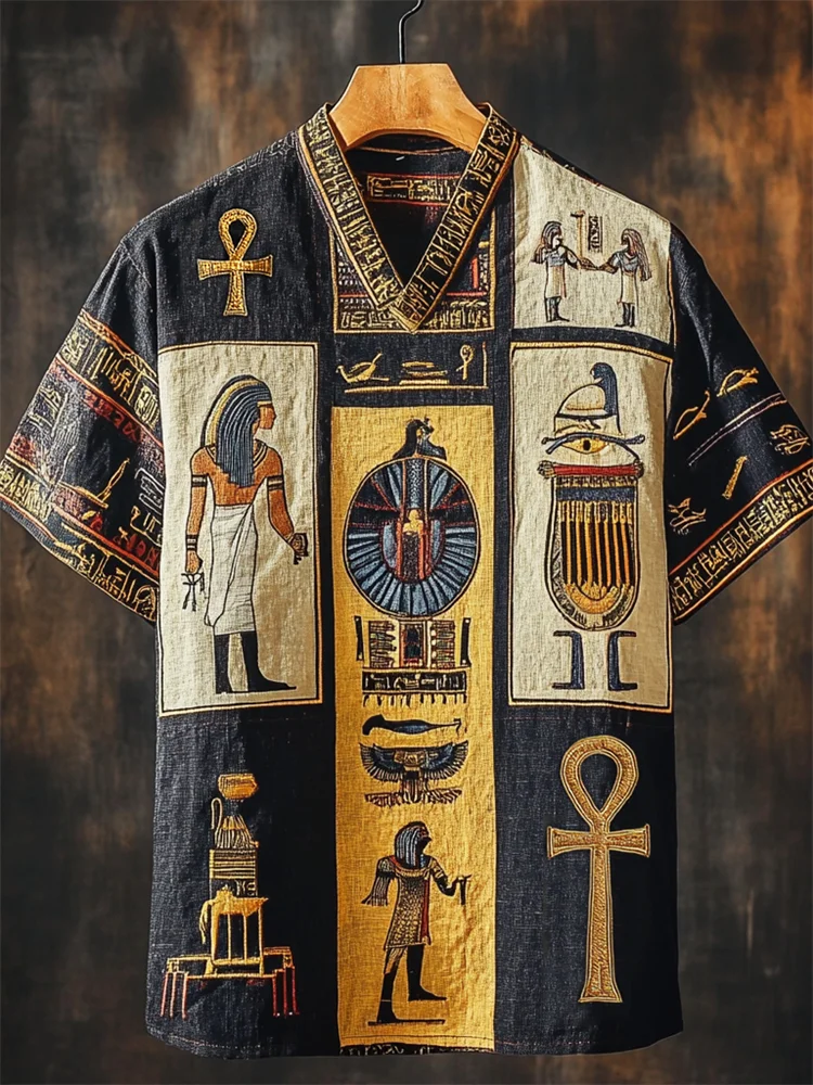 Ankh Ancient Egyptian Embroidered Colorblock Linen Shirt
