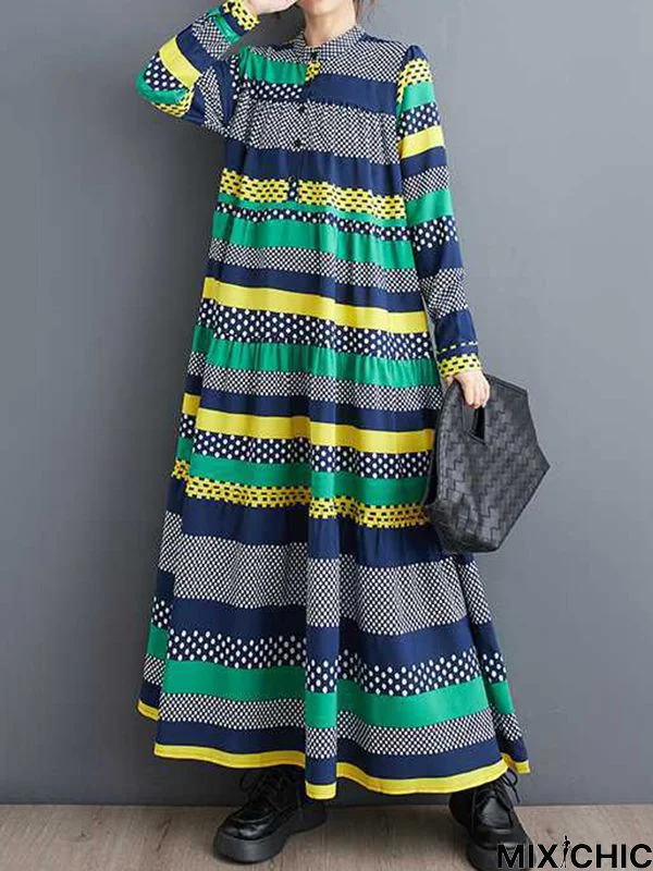 A-Line Long Sleeves Buttoned Polka-Dot Split-Joint Round-Neck Midi Dresses