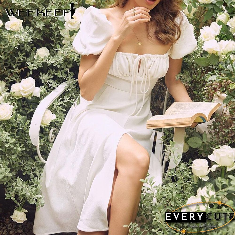 Elegant Pure White Dress Summer High Split Sexy Women Short Puff Sleeve Midi Dress New Aesthetic Vintage Beach Sundress