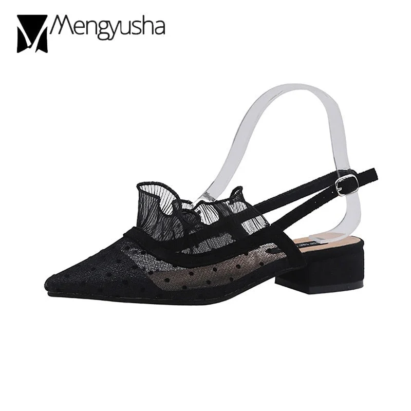 sexy lace sandals women pointed toe polka dot gladiator sandalias mujer back strap 2020 lace ruffles summer dress shoes woman