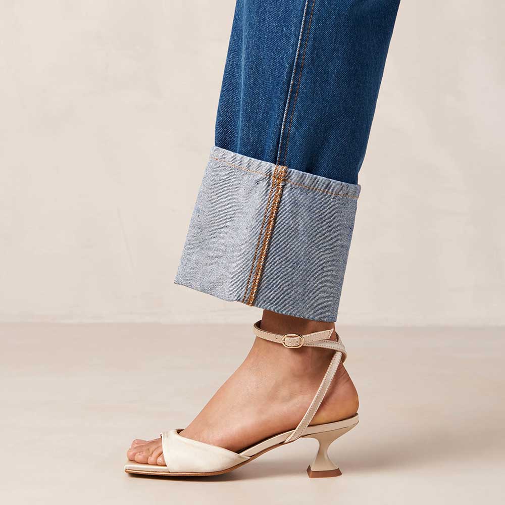 Beige Satin Square Toe Flared Heel Ankle Strap Sandals Nicepairs