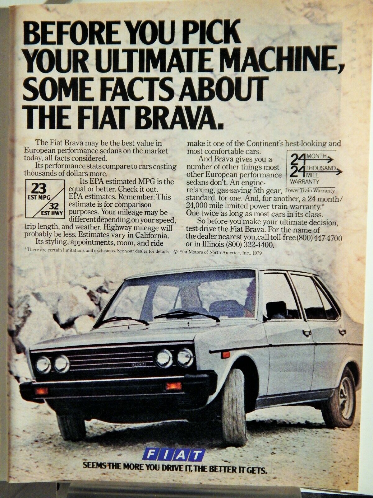 FIAT BRAVA SEDAN / COCKTAILS FOR TWO ORIGINAL VTG 1979 Photo Poster painting AD,