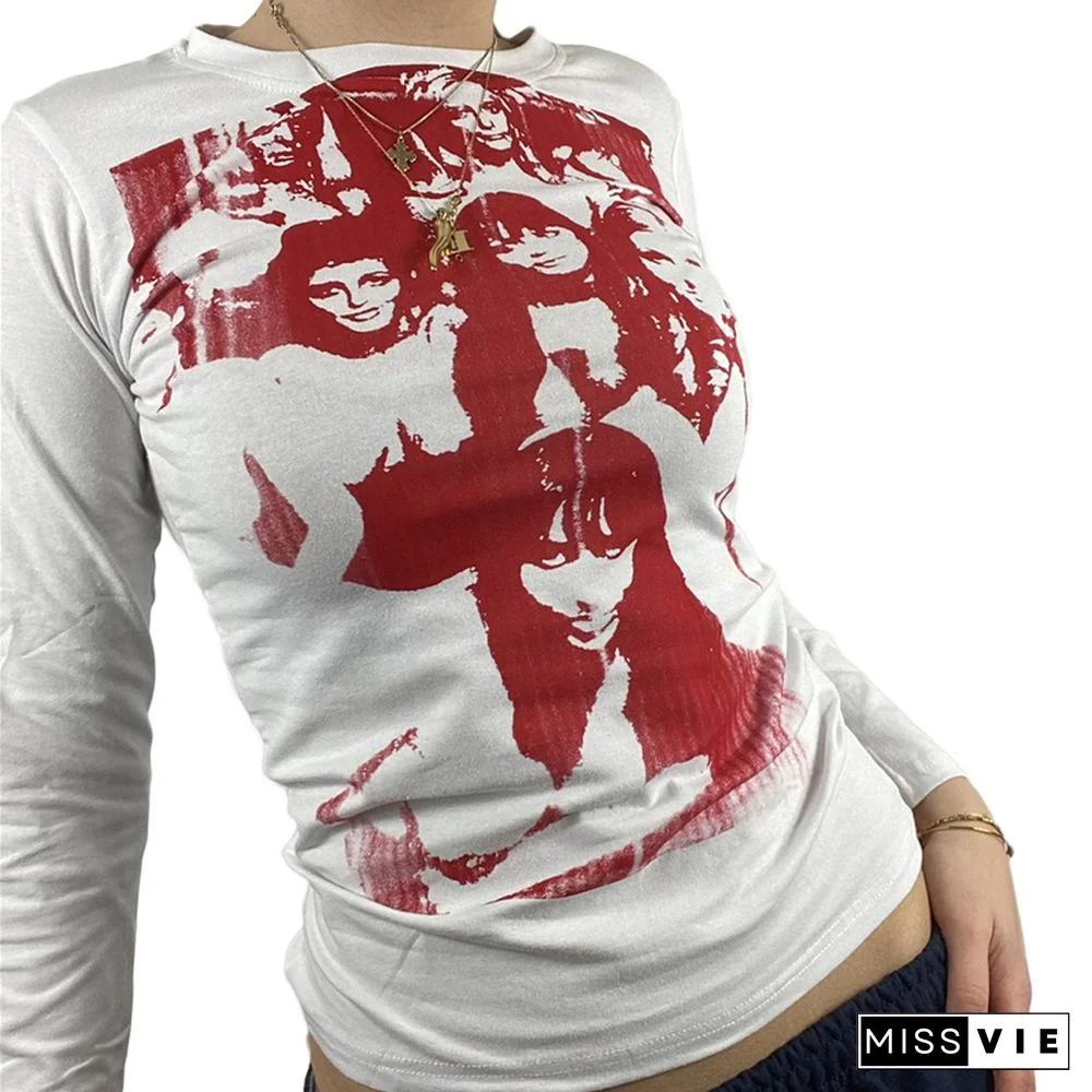 Women Long Sleeve T-shirt With Funny Print Clothes Female Head Skinny Fit Casual Style Clothing Ladies Shirt Tops