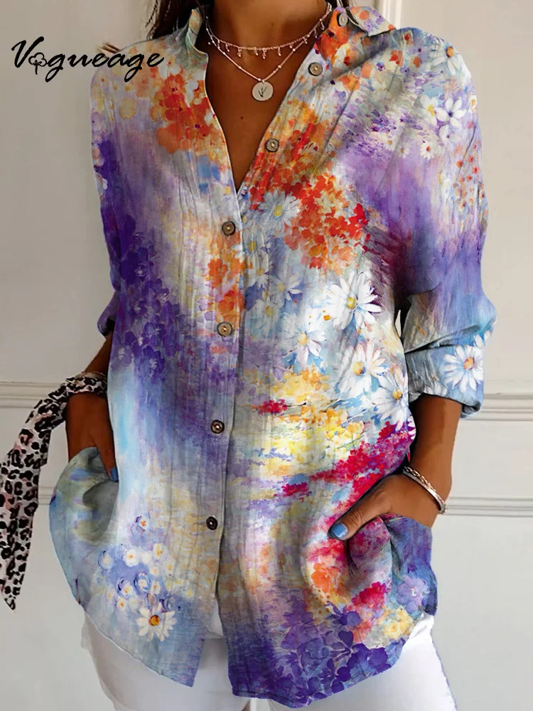 Casual Colorful Florals Long Sleeves Printed Cotton And Linen Shirt