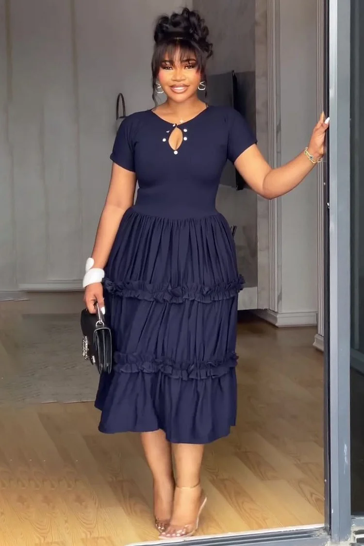 Keyhole Neck Short Sleeve Tiered Ruffle Hem Midi Dresses-Navy [Pre Order]