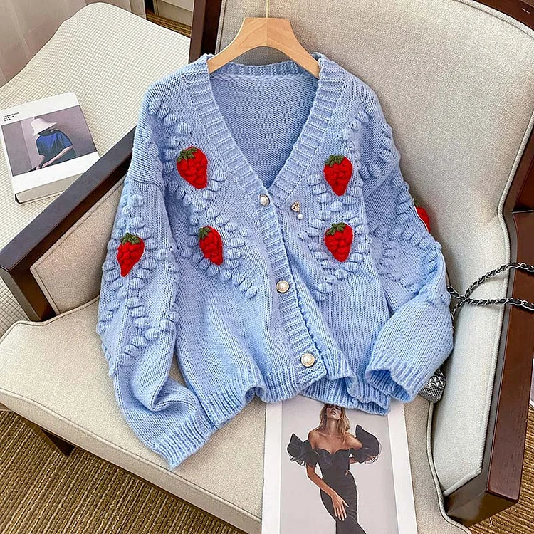 3D Strawberry Embroidery Decor Pearl Button Cardigan Sweater - Modakawa Modakawa