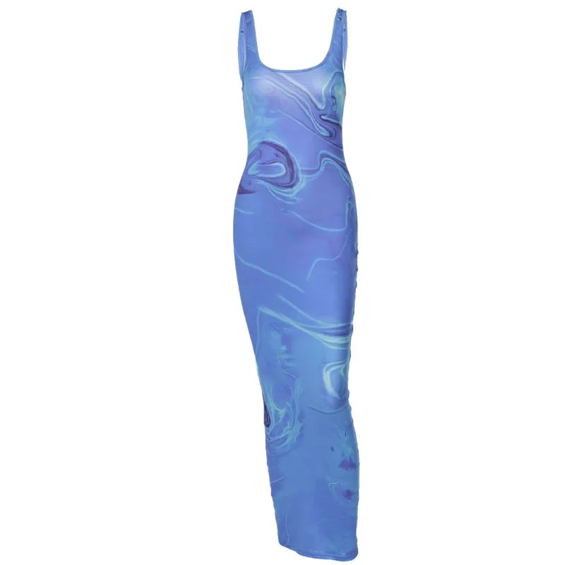 Hawthaw Women Summer Sleeveless Bodycon Slim Printed Fashion Pencil Long Dress Sundress 2021 Female Clothing Streetwear