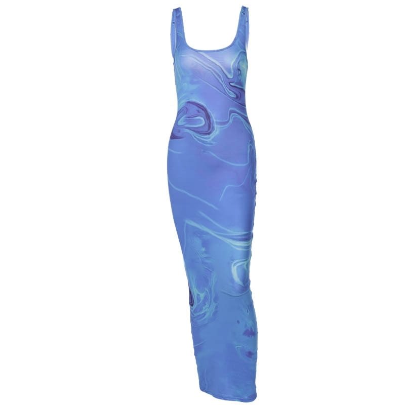 Hawthaw Women Summer Sleeveless Bodycon Slim Printed Fashion Pencil Long Dress Sundress 2021 Female Clothing Streetwear