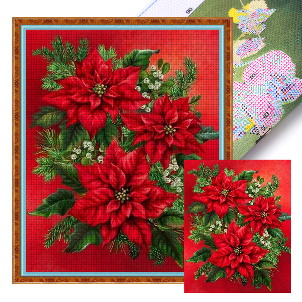 Christmas Red Flower Full 11CT Pre-stamped Canvas(40*50cm) Cross Stitch